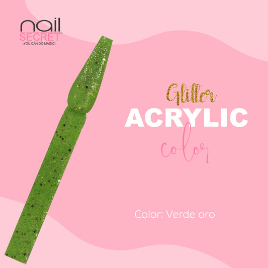 Acrílico de color VERDE ORO CON GLITTER - Nailsecret